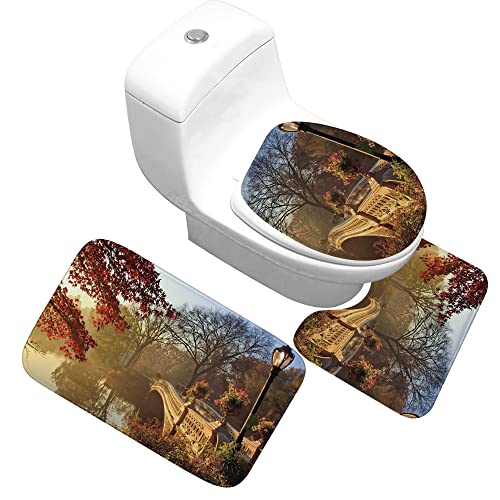 Badematten Set,Badematten Teppich-Set 3-Teilig Morning Mist Bridge 3D-Druck Rutschfeste Badematten Weiche Mikrofaser…