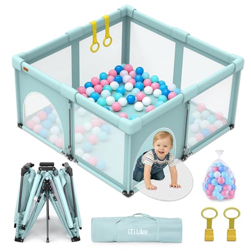 Image of 50x50inch Foldable Baby Playpen for Babies and Toddlers | Baby play pen with 50 PCS Ocean Balls & 2 Handles, Indoor & Outdoor Kids Safety Play Pen Area, Portable Travel Play