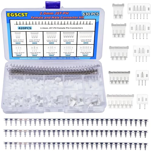 EGSCST 630PCS JST PH Connector Kit PH2.0mm Adapter Cable Terminal Connectors Set with 2.0 mm Pitch 2 3 4 5 6Pin Female Housing and Male Plug