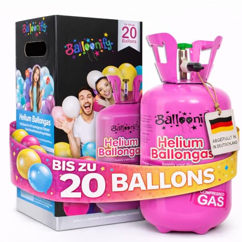 Helium Ballongas für 20/30/50 Ballons | Heliumflasche Set mit Knickventil für Luftballons + Folienballons | Geburtstag Party Hochzeit Flasche, Größe: Ballongas für 20 Ballons