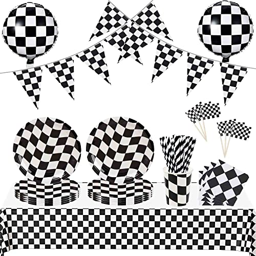 Voiture de course,Accessoires de fête d'anniversaire,10 assiettes en carton,10 gobelets en carton,20 serviettes,24 drapeaux cibles,Nappe,2 ballons,Décoration d'anniversaire,Noir et blanc
