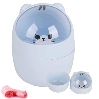 Cyrank Mini Trash Can, Small Garbage Can Reusable Plastic Wastebasket Cartoon Cat Waste Paper Bin with Swing Lid for Bathroom, Kitchen, Bedroom, Powder Room, Craft Room, Office, College, Rv Blue