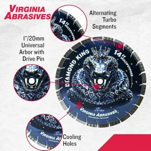 Virginia Abrasives Diamond King 14" Multi-Purpose Blade – Wet/Dry – Concrete/Asphalt, Used with high Speed and Walk Behind saws – 14" x .125" x 1"/20mm - 10mm Segments - Image 4