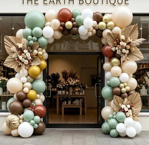 Image of Green Brown White Balloons Double Stuffed Latex Sage Green Gold Mustard Yellow Balloons Boho Balloon Garland For Boho Neutral Birthday Baby Shower Safari Jungle Wooland Garden Theme Party Decor
