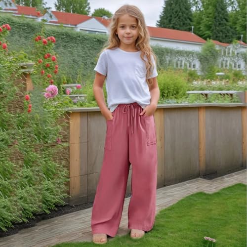 Girls Wide Leg Pants Kids Casual Flowy Elastic Waist Palazzo Pants Drawstring Loose Summer Trousers with Pockets4