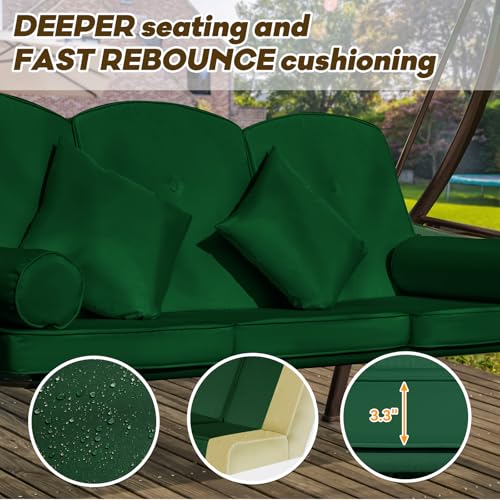 Image of 3 in 1 Outdoor Porch Swing with Adjustable Canopy, 3 Seat Outdoor Swing for Adults, Patio Swing Chair with Thickened Cushions,Pillows & Cup Holders for Backyard, Porch, Garden (Green)