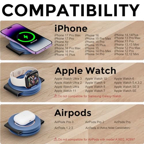 Image of Hicober 3 in 1 Charging Station for Apple Multiple Devices, Foldable Travel Wireless Charger 18W for iPhone Air 17 16 15 14 13 Pro Max Plus &Apple Watch Series /Airpods Light Blue