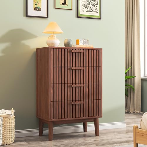 PerGar Commode à 4 tiroirs, Grande capacité, Moderne, pour Chambre à Coucher, Couloir, Salon, Couleur Noyer, 60 x 34 x 91 cm