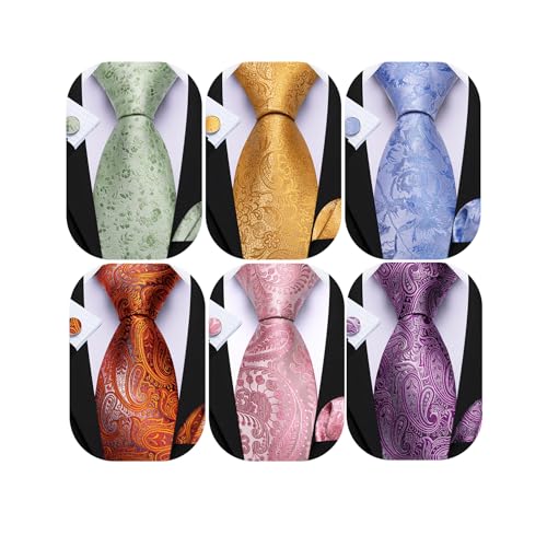 Image of Barry.Wang 6 PCS Men Ties Set Silk Business Fashion Woven Necktie Handkerchief Cufflinks Paisley Stripe Wedding Party