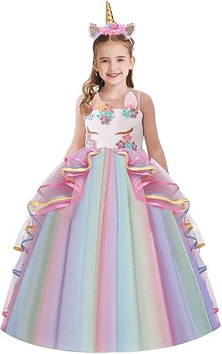 WOCINL Vestido de princesa para niñas, disfraz de unicornio sin mangas, fiesta de cumpleaños, boda, Navidad, Halloween, carnaval con diadema