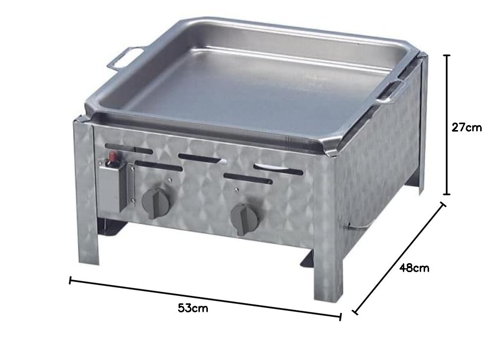 Profi Gasgrill 2-flammig mit Edelstahl-Pfanne hoher Rand I Edelstahl Gastrogrill I Gasbräter I Gastrobräter I Piezo-Zünder 2 Gasbrenner stufenlos regelbar Gasschlauch Druckminderer