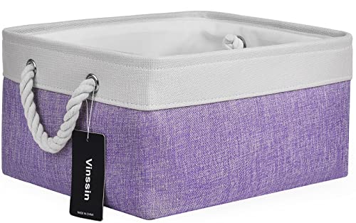Image of Vinssin Large Storage Basket ,Foldable Purple Basket with Handles, Gift Basket Empty,Canvas Fabric Storage Bin for Organizing,Cupboards, Shelves, Clothes, Toys, Towel, (Purple+White,1 Pack)