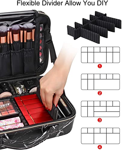 Image of Professional Cosmetic Bag, Makeup Organizer Bag for Home & Travel Vanity Bag, Makeup Train Case, Adjustable Brush Dividers, Shoulder Strap, Cosmetic Organizer (Black Marble) (34x23x12 cm)
