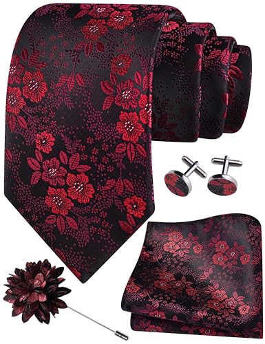 Image of GUSLESON 3.15 inch(8cm) Mens Floral Tie and Lapel Pin Necktie Hankerchief Cufflinks Set for Men