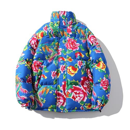 Men's Heavyweight Puffer Coat Flower Print Chinoiserie Padded Jacket Warm Winter Full Zip Windproof Outdoor