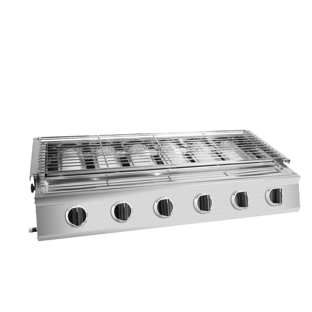 6-palnik przenośny grill gazowy, bezdymny LPG BBQ ze szklaną pokrywką na patio Camping Garden Party, podczerwone ciepło ceramiczne, ruszty ze stali nierdzewnej, łatwe czyszczenie na zewnątrz