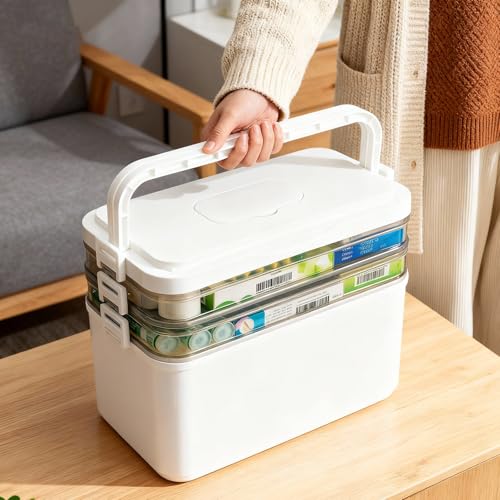 Medicine Storage Box 3 Layer Medicine Case Container Organiser Home Pharmacy First Aid Box with Tray Handle Medicine Organizer Drug Cabinet Office Travel Car School Portable Medical Relief Box-White