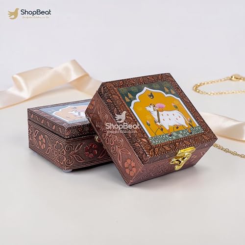 Image of Handcrafted Wooden Jewellery Box Copper Metal Finish (4 x 4 inch) - Pack of 2 | Oxidized Pichwai Cow Design | Decorative Organizer | Storage Box for Women Puja Festive Gifting | Royal Teal