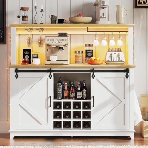 Patikuin Farmhouse Coffee Bar Cabinet 55" – Sliding Barn Door, LED Light, Power Outlet & USB, 12-Bottle Wine Rack, 2 Drawers, Buffet Sideboard for Dining Room, Kitchen, or Living Room, Wood by Patikuin - Used condition - US$237.49