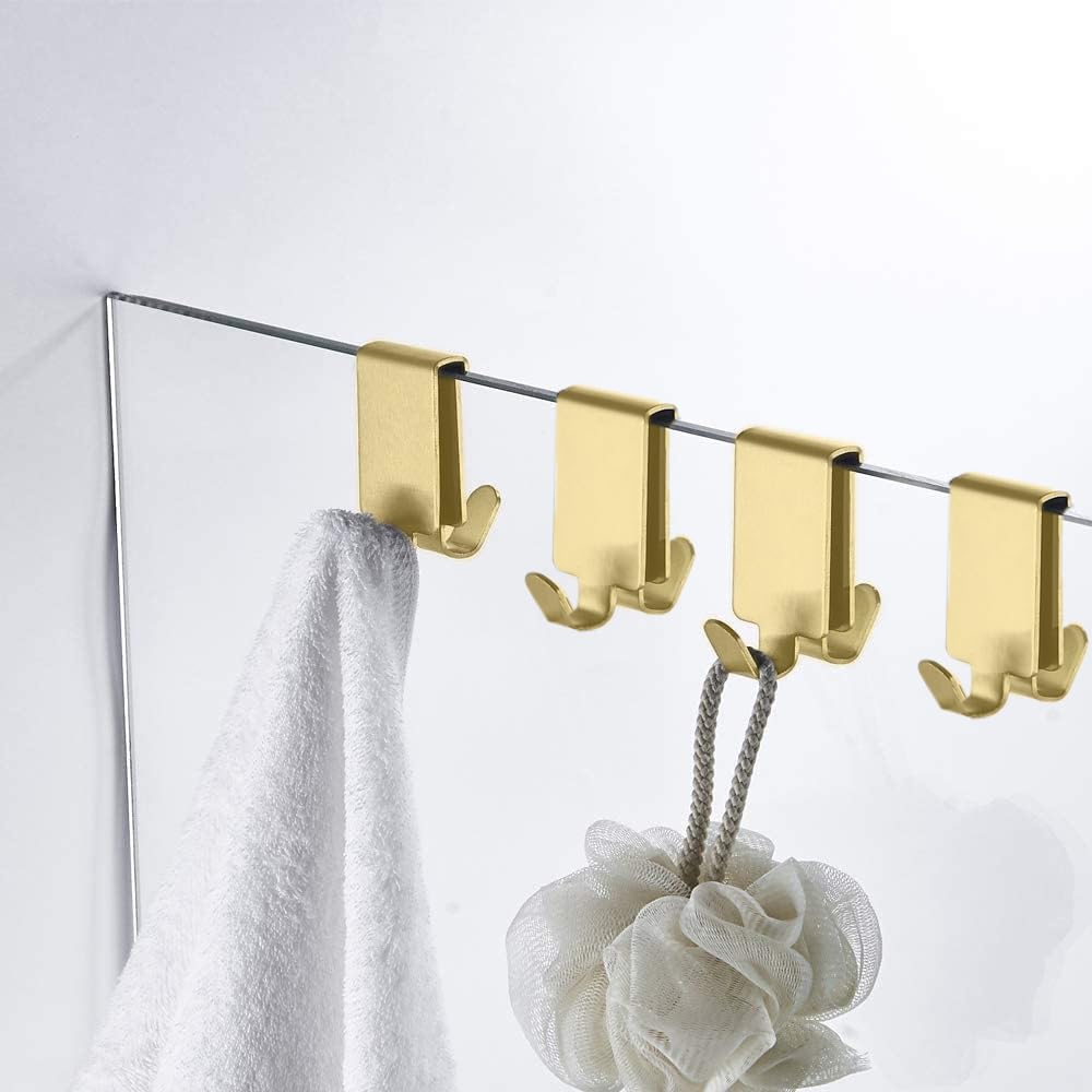 Ganchos dobles para puerta de ducha de cristal, ganchos para toallas sobre la pared de vidrio del baño, 0.3-0.4 pulgadas, acero inoxidable, dorado, paquete de 4