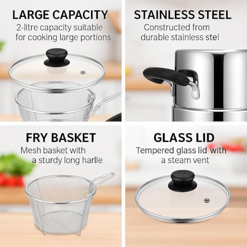 Image of MotiBa Stainless Steel Deep Frying Pot with Basket and Long Handle - Small Oil Fryer for French Fries, Fish, Large Chicken Wings, Sauces, Gravies, and Pasta - Silver (Frying Pot, 2 Liter)