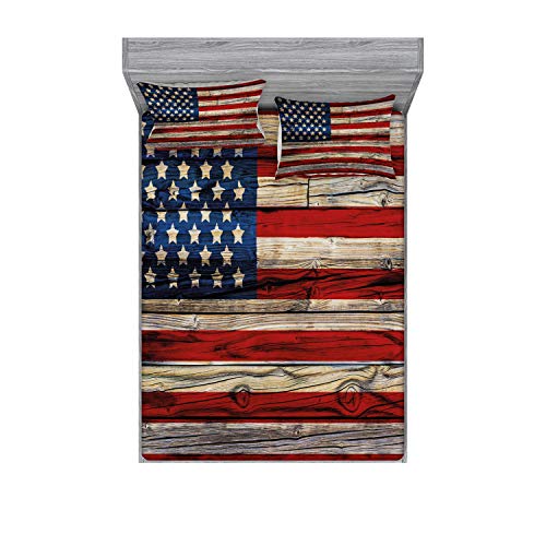 Ambesonne 4th of July Fitted Sheet & Pillow Sham Set, Wooden Planks Painted as United States Flag Patriotic Country Style, Decorative Printed 3 Piece Bedding Decor Set, Queen, Red Beige Navy Blue