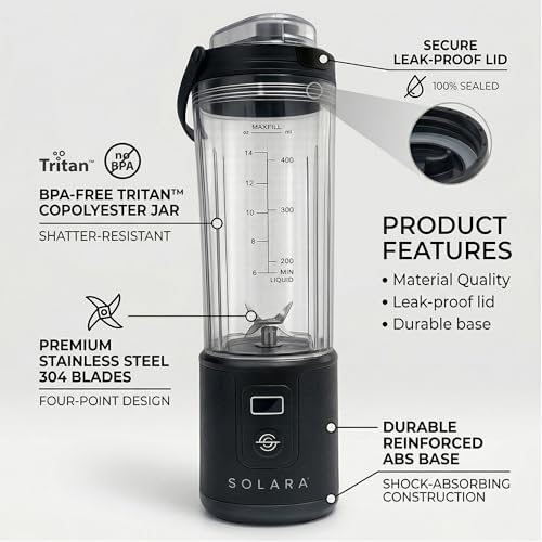 Image of SOLARA Blendkwik Pro Portable Blender - USB Rechargeable, 4000mAh, 180W, 450ml, for Smoothies, Juices & Ice Crushing - Black Knight