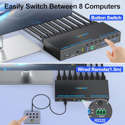Image of Displayport 8 Port KVM Switch 4K@60Hz EDID Simulation, USB3.0 Display Port KVM Switch 8 Computers Share 1 Monitor and 4 USB Devices, KVM Switches with Audio RS232 Wied Remote 12V Power and USB Cable