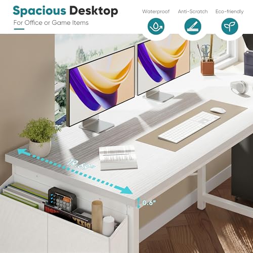 Image of OLIXIS Computer Desk, 47 Inch Gaming Desks for Home Office Small Spaces | Writing Study Craft Work Table, Computer Workstation for Bedroom with Storage Bag, All White