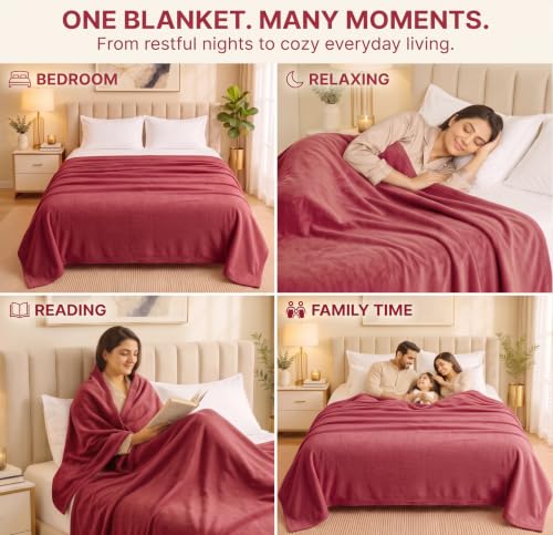 Image of HOMEKART 300 TC All Season Solid /Plain Lightweight Polar Fleece Double Bed Blanket (230 x 230 cm), Light RED