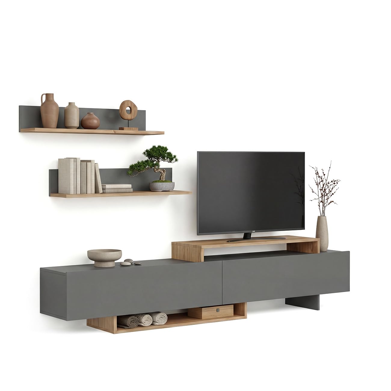 duehome | Mueble de Salón, Composición Modular de TV, Modelo: Bender 200, Acabado en Gris Grafito y Alpino, Medidas: 200 cm (Largo) x 33 cm (Fondo) x 46 cm (Alto)
