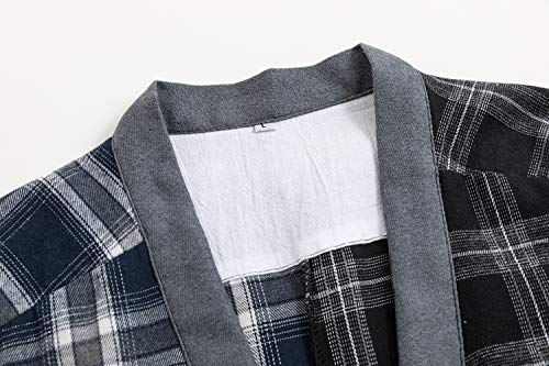 Image of Mens Japanese Kimono Cardigan Cotton Linen Haori Fashion 3 /4 Sleeve Yukata | Shawl Collar Kimono Jacket Robe Embroidery Patchwork Happi Coat Tie Pockets Lightweight Outerwear Daily Casual All Seasons