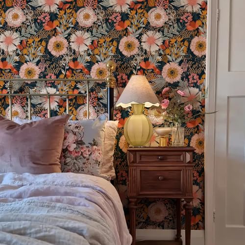 Simon&Siff Boho Peel and Stick Wallpaper Vintage Floral Wall Paper Navy/White/Orange/Pink 17.7 x 400in Removable Contact Paper for Bedroom Cabinets Shelf Drawers Renter Friendly by Simon&Siff - Used condition - Image 3