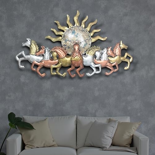 Image of iHandikart 7 Running Horses with Sunrise Wall scultpure | Metal Wall Art | Large Vastu Horses Wall Decor for Living Room | Modern 3D Metal Wall Art for Home, Office & Hall | Multicolor Horse Wall Art