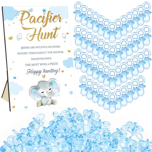 Image of Thyle 51 Pcs Blue Elephant Pacifier Hunt Babyshower Games Include Wooden Happy Hunting Sign and 50 Acrylic Mini Plastic Pacifiers for Baby Boy Girl Gender Reveal Party Supplies It's a Boy Baby Shower