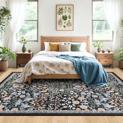 Area Rugs 9x12 Living Room: Floral Washable Rug Vintage Large Soft Boho Non-Slip Carpet Indoor Stain Resistant Low Pile Carpets for Bedroom Dining Room Farmhouse Nursery Hallway Home Office Dark Black