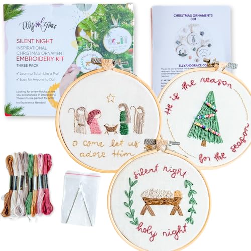 Image of Elly & Grace Christian Embroidery Kit with Embroidery Hoop, Easy Embroidery Kit for Beginners and Adults, Full Embroidery Hoop Kit with Needles and Thread Included (Silent Night)