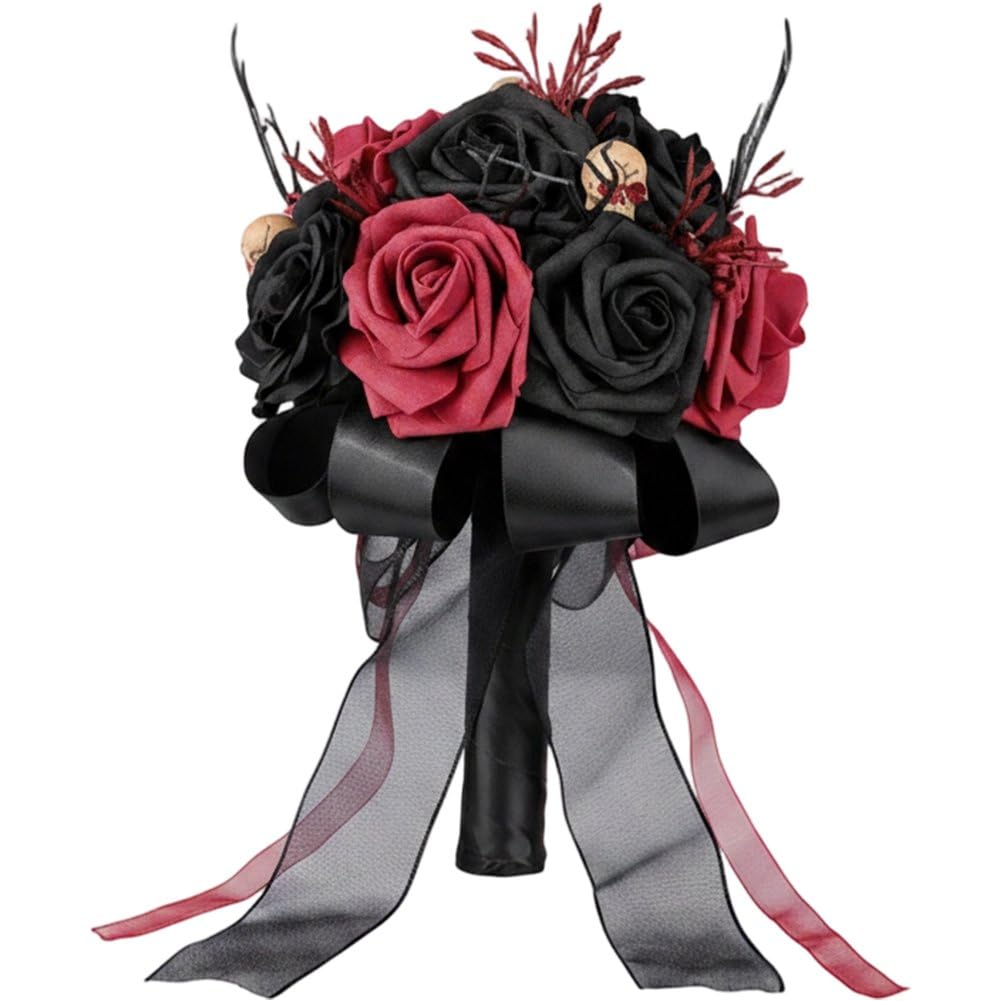 Sslvya Gothic Bridal Bouquets, Halloween Black Fake Flower Bouquet, Artificial Holding Flowers Wedding Bouquets for Brides Bridesmaids Halloween Anniversary
