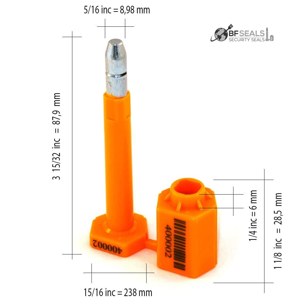 High Security Bolt Seal, (1000 pcs.), Orange Color, for Cargo Container, Truck and Trailers, Numbered & Barcode, with ISO, CTAP, Certified, Shipping Seals, BFSEALS - Free & Quick Shipping from USA