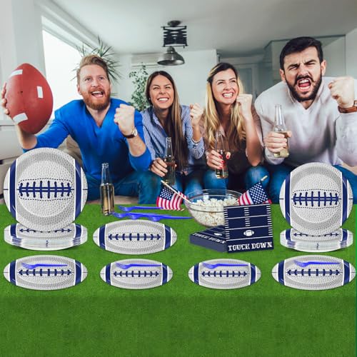 Image of Qyeahkj 25 Guests Cowboys Football Party Plates and Napkins Supplies American Football Team Platters Tableware Set Touch Down Blue & White Decor Favors for Football Fans Boy Sports Team Theme Party