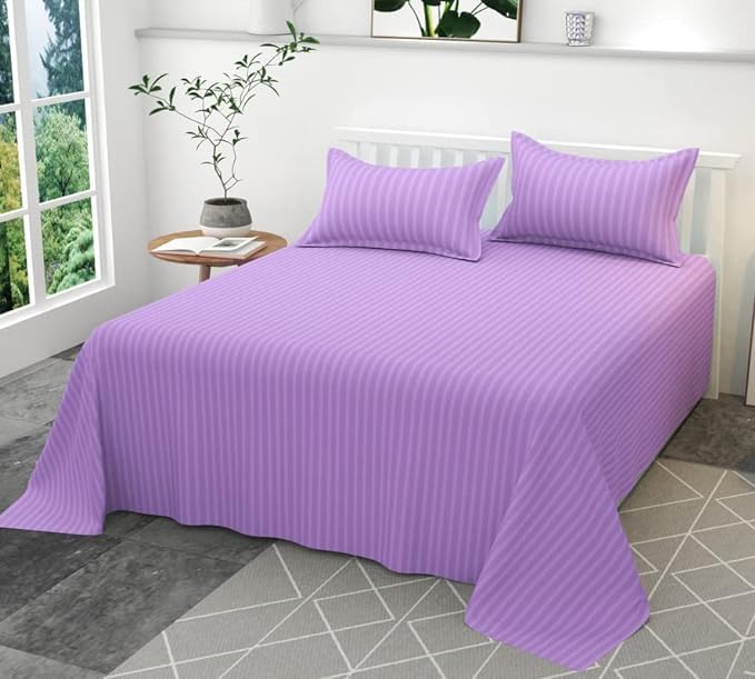 DECOR2ADMIRE 300TC Cotton Plain Stripe Queen Size Double Bedsheet for Double Bed with Two Pillow Covers (Queen, Lavender) (90 * 100 Inches)