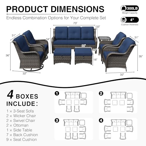 Image of Joyside 8 Piece Wicker Patio Furniture Set, Outdoor Swivel Rocker Patio Chairs with High Back, Deep Seating, Wide Armrest, Thickened Cushions, Outdoor Furniture for Deck, Porch Use