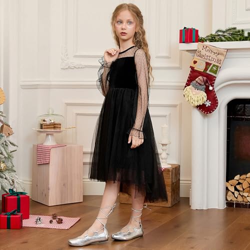 CHILDRENSTAR Girls Mesh Contrast Long Sleeve Velvet Dress Trendy High Low Party Dresses2