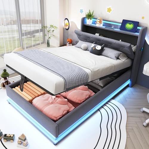 Ktipm Cama Tapizada Cama Infantil 90x200 cm con Luz LED y USB, Camas Juveniles Individual con Cabecero Reversible y Almacenamiento Hidráulico, Estructura Camas Individuales, Lino, Sin Colchón, Gris