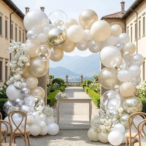 Image of White Balloon Arch Double Stuffed Sand White Gold Pearl Bobo Balloons Light Gold Silver Latex Balloon Garland for Birthday Wedding Baby Shower Bridal Shower Baptism Party Decor