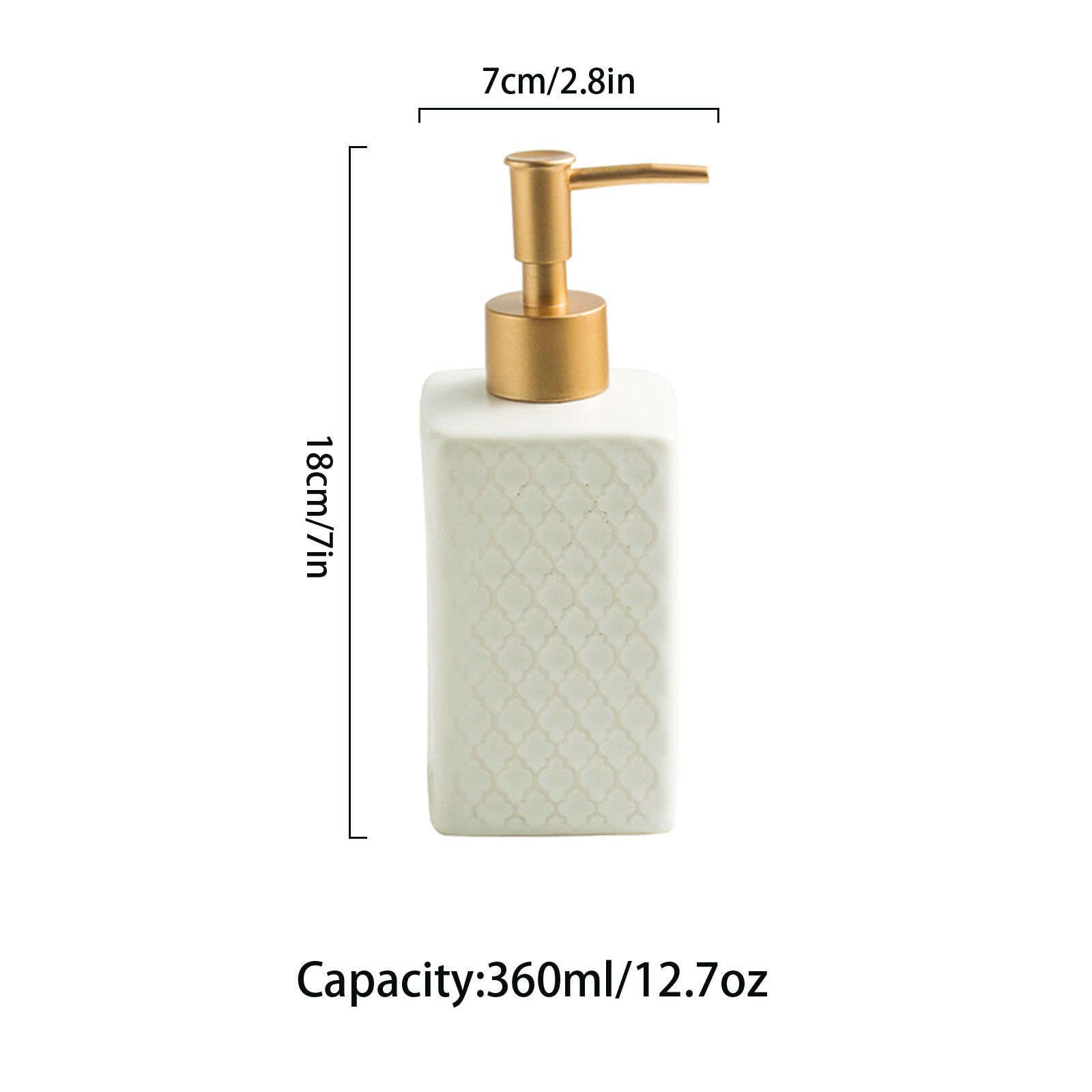 Dispensador de jabón, dispensador loción Cuadrado cerámica Retro, Manos, champú rellenable, baño cocina-blanco-360 ml/16,7 oz