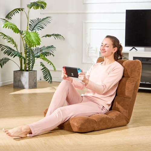 Image of Folding Floor Gaming Chair 14-Poistion Cushioned Adjustable Floor Lazy Sofa Chair w /Breathable Cotton & Skin-Friendly Flannel for Adults & Kids Perfect for Reading Gaming Meditating, Brown