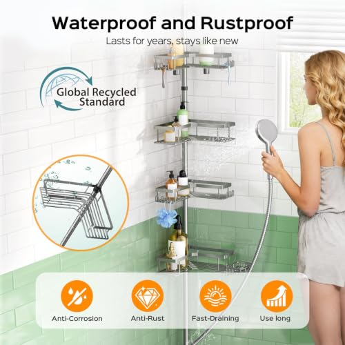 Image of HAMITOR Shower Organizer Tension Pole: 4 Tier L-Shaped Corner Bath Shelf | Rustproof Corner Caddy with Soap Holder & Hooks, No-drill Adjustable Bathroom Rack for Apartment, Small Spaces, 47-123In