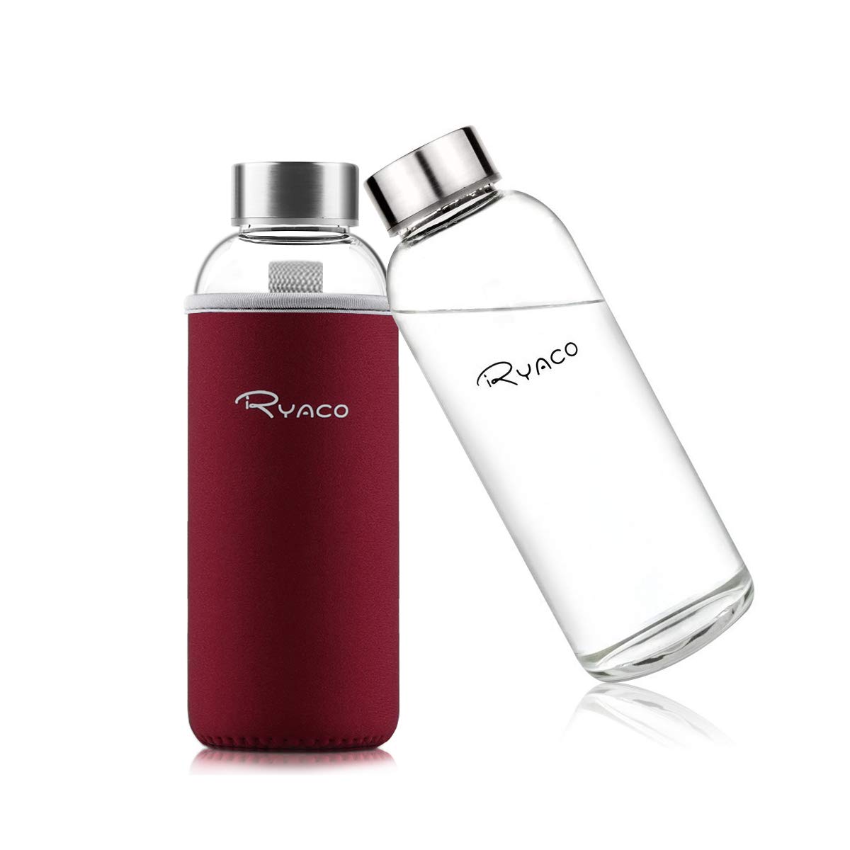RYACO Borosilicate Glass Water Bottle 450ml BPA-Free Leak Proof Portable Ideal for School Home Office Travel Sport Yoga Gym Hot Cold Drinks with Neoprene Carrying Sleeve and Sponge Brush