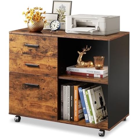 DEVAISE 3 Drawer Mobile File Cabinet, Wood Lateral Filing Cabinet, Printer Stand with Open Shelves for Home Office, Rustic Brown Cover